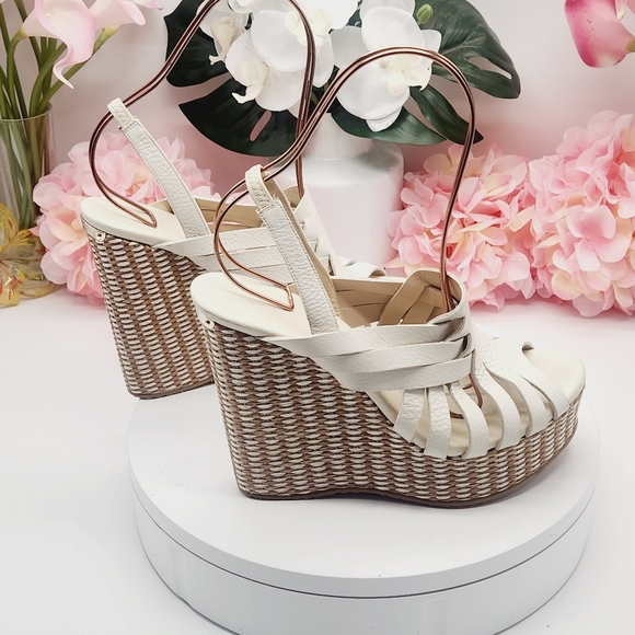 💋NEW💋JIMMY CHOO Perdita Leather Raffia Wedge Sandals - Picture 9 of 14